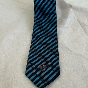 Versace Black Label Teal and Black Diagonal Stripe Tie with Embroidered Medusa